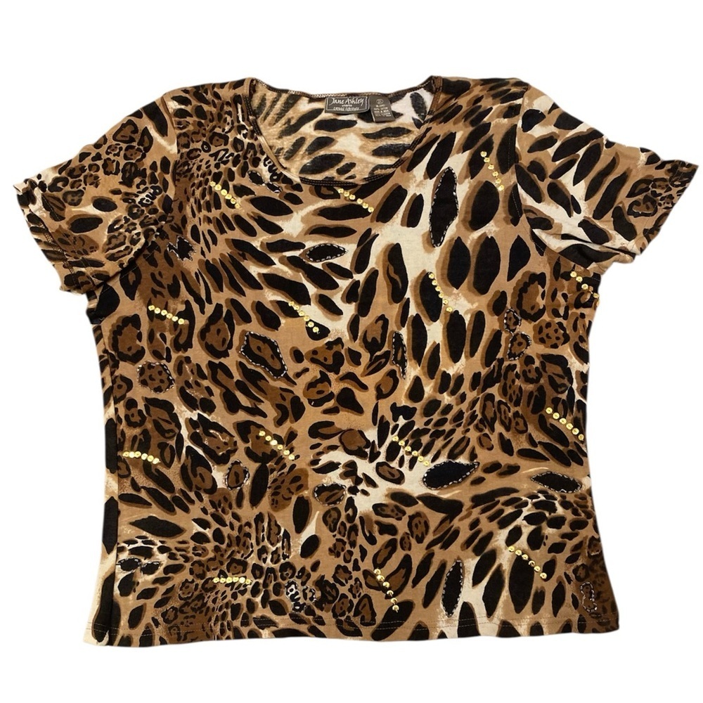 3/$15 Vintage Embellished Cheetah Print Short Sleeve Top Beaded Sequins Women 2X